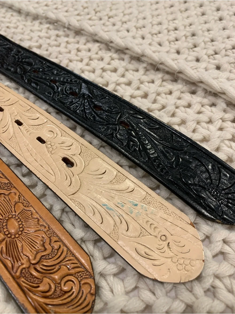 Tooled Leather Belt Trio - Black, Tan, Cream